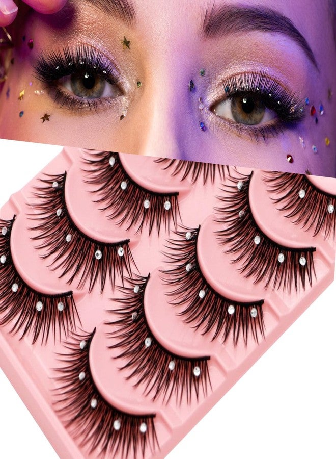 beyonday 5 Pairs Bling Glitter Lashes 3D Natural Cosplay Eyelash with Rhinestones, 13mm Dramatic Manga Lashes with Diamonds, Stage Makeup Lashes for Decorative Christmas Halloween New Year Party - Image 1